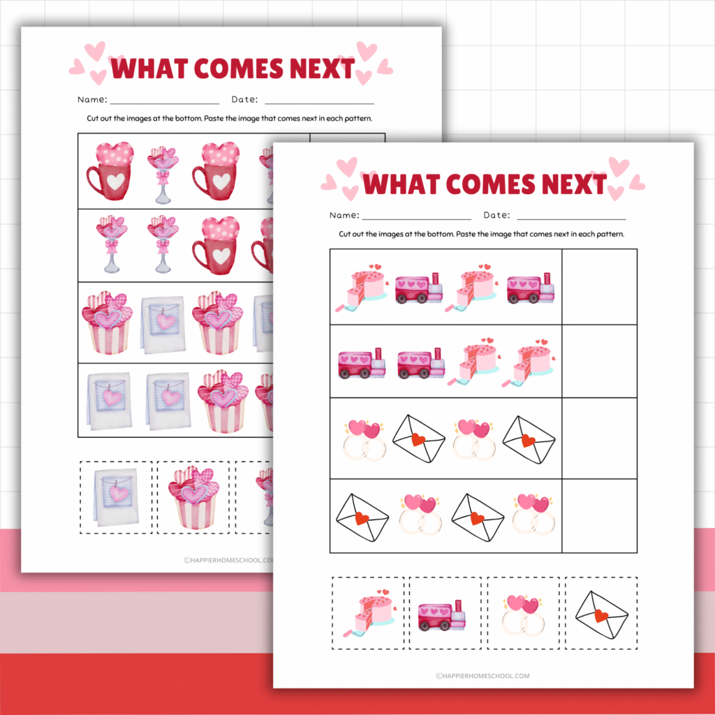 Valentine’s Day what comes next worksheets